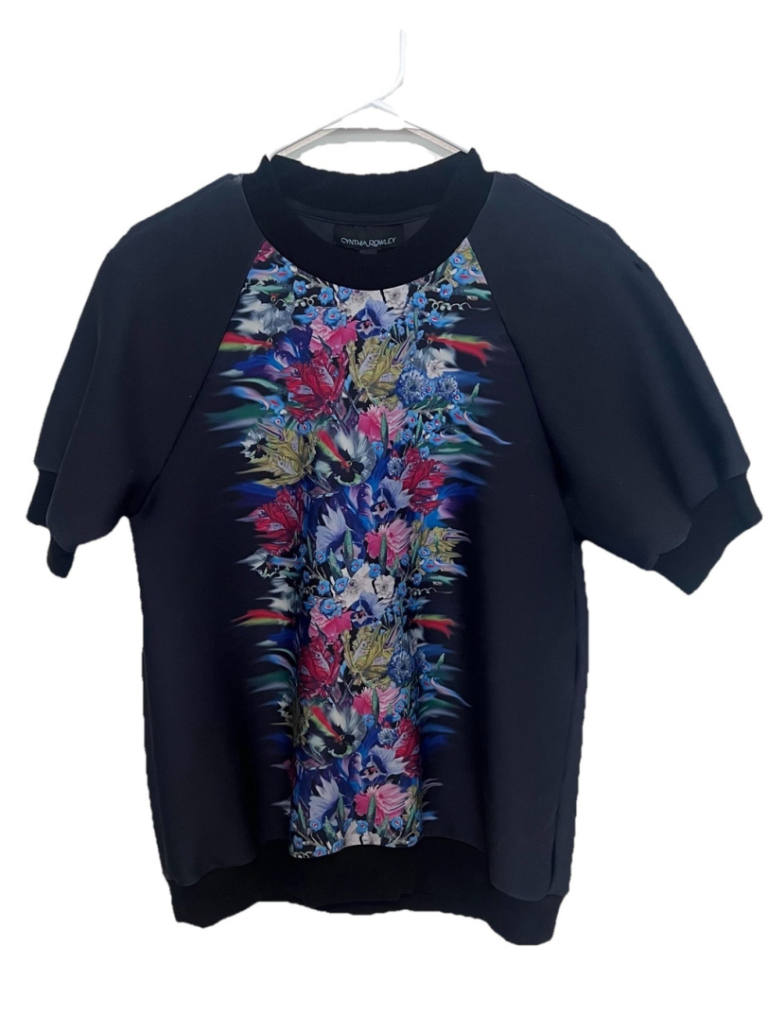 Cynthia Rowley Floral Top Womenâs Small Black Scuba Lycra Wearable Art *Read*